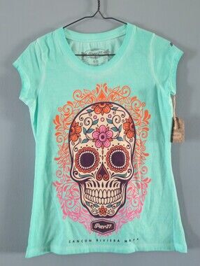 NWT Pier 27 Womens Aqua Sugar Skull Graphic Baby Tee (Lg)